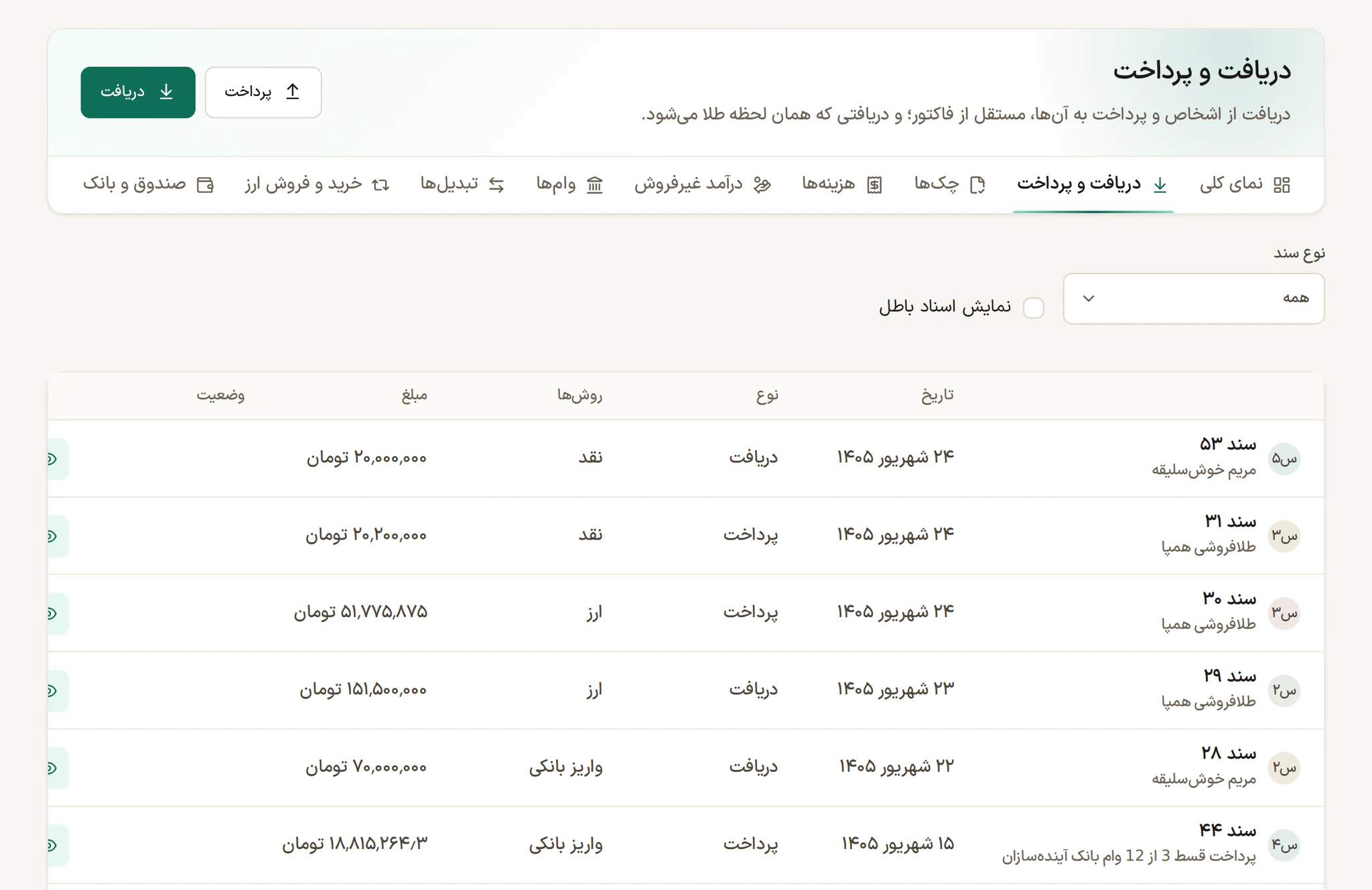 صفحه‌ی دریافت و پرداخت در با عیار: فهرست سندهای دریافت و پرداخت نقد، ارز و واریز بانکی، هر کدام با شخص، تاریخ و مبلغ
